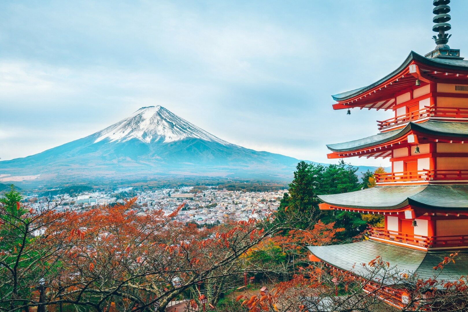 Mount Fuji and Chureito Pagoda at sunrise in autumn, Japan.